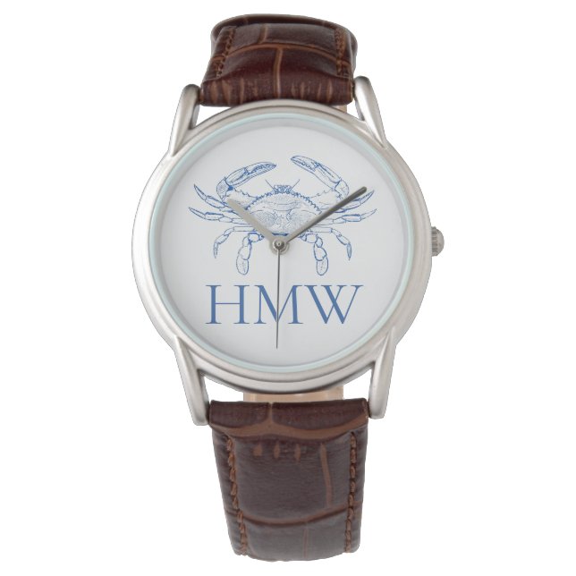 Coastal Blue and White Crab Monogram Armbanduhr (Vorderseite)