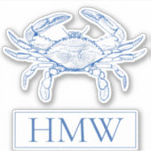 Coastal Blue and White Crab Monogram Aufkleber (Vorderseite)