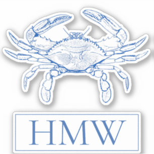 Coastal Blue and White Crab Monogram Aufkleber