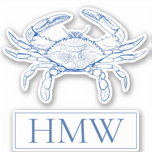 Coastal Blue and White Crab Monogram Aufkleber (Vorderseite)