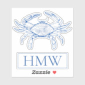 Coastal Blue and White Crab Monogram Aufkleber (Blatt)