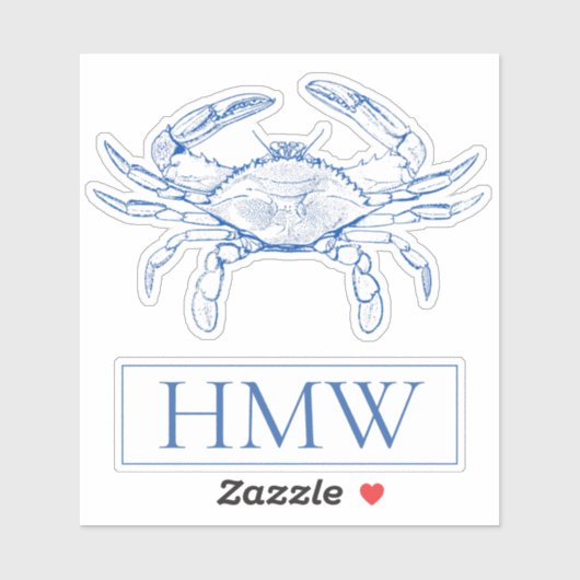 Coastal Blue and White Crab Monogram Aufkleber (Blatt)