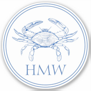 Coastal Blue and White Crab Monogram Aufkleber