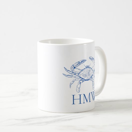 Coastal Blue and White Crab Monogram Kaffeetasse (VorderseiteRechts)