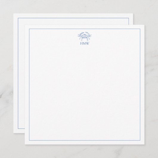 Coastal Blue and White Crab Monogram Mitteilungskarte (Vorne/Hinten)