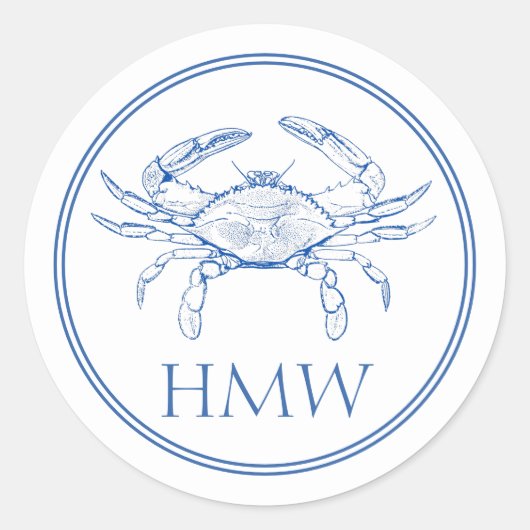 Coastal Blue and White Crab Monogram Runder Aufkleber (Vorderseite)