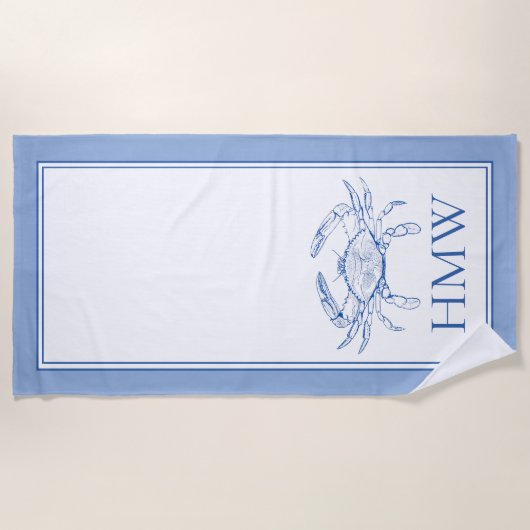 Coastal Blue and White Crab Monogram Strandtuch (Vorderseite)
