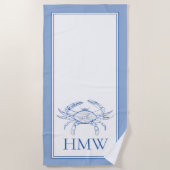 Coastal Blue and White Crab Monogram Strandtuch (Vorderseite)