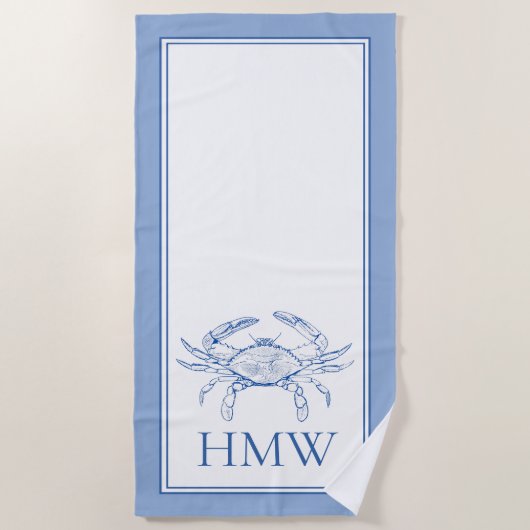 Coastal Blue and White Crab Monogram Strandtuch (Vorderseite)