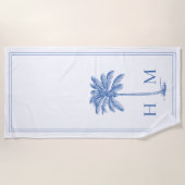 Coastal Blue and White Palmetto Palm Tree Monogram Strandtuch (Vorderseite)
