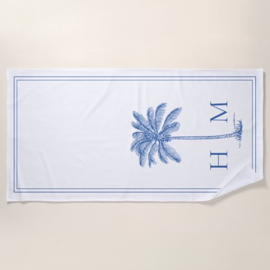 Coastal Blue and White Palmetto Palm Tree Monogram Strandtuch (Vorderseite)