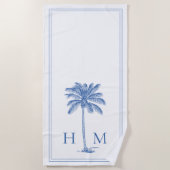 Coastal Blue and White Palmetto Palm Tree Monogram Strandtuch (Vorderseite)