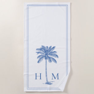 Coastal Blue and White Palmetto Palm Tree Monogram Strandtuch
