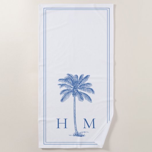 Coastal Blue and White Palmetto Palm Tree Monogram Strandtuch (Vorderseite)