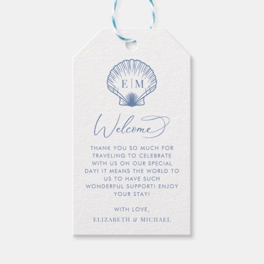 Coastal Blue Beach Monogram Wedding Willkommen Geschenkanhänger (Vorderseite)