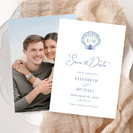 Coastal Blue Beach Muschel Monogram Wedding Save The Date
