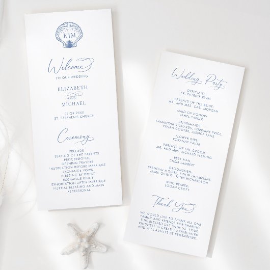 Coastal Blue Beach Shell Monogram Wedding Programm