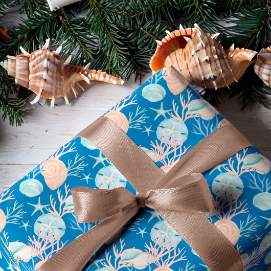 Coastal Blue Christmas Watercolor Seashell Muster Geschenkpapier