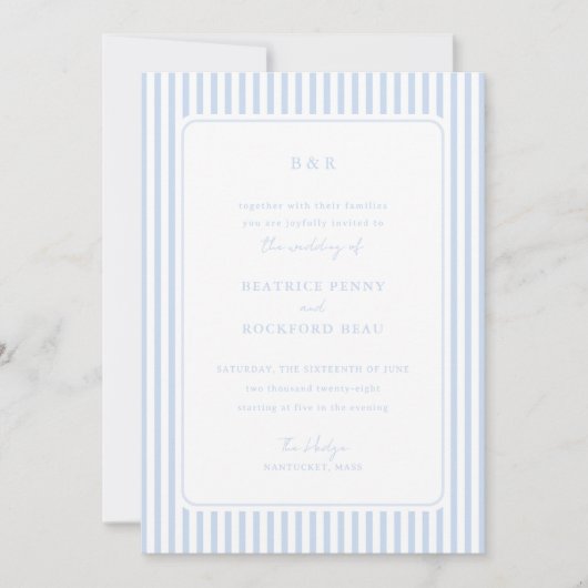 Coastal Blue Classic Stripes Minimalist Wedding Einladung (Vorderseite)
