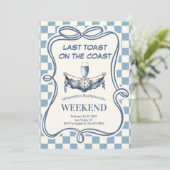 Coastal Blue Gingham Nautical Champag Bachelorette Einladung (Stehend Vorderseite)