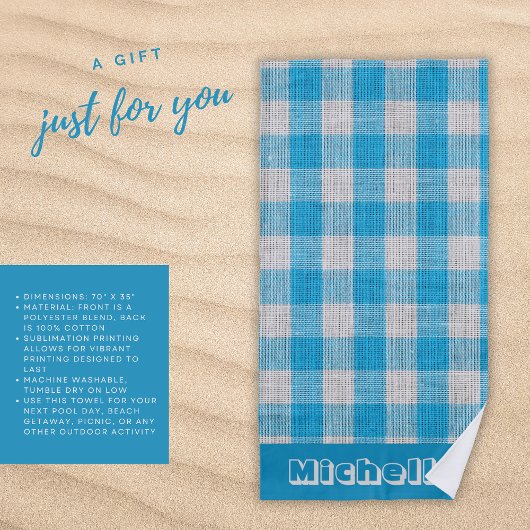Coastal Blue Gingham Personalisiert Strandtuch