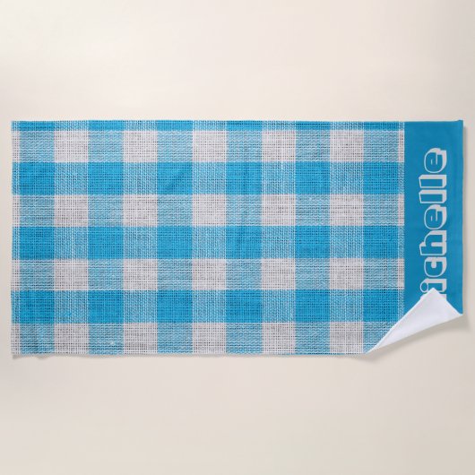 Coastal Blue Gingham Personalisiert Strandtuch (Vorderseite)