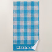 Coastal Blue Gingham Personalisiert Strandtuch (Vorderseite)