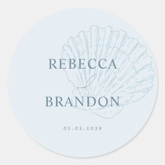 Coastal Blue Hand Drawn Seashell Wedding Favor Runder Aufkleber (Vorderseite)