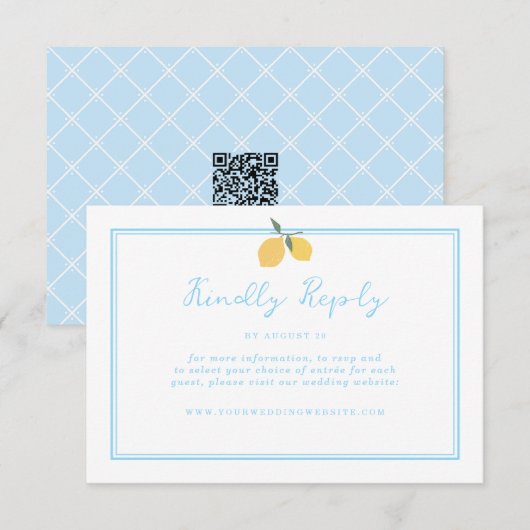Coastal Blue Lemon Amalfi QR Code RSVP Begleitkarte (Vorne/Hinten)