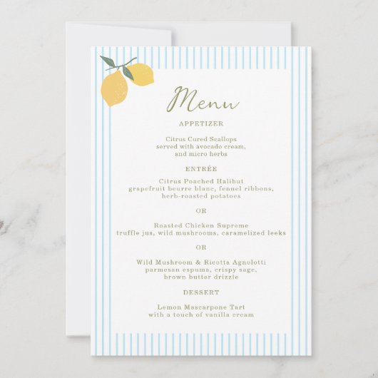 Coastal Blue Lemon Amalfi Wedding Menu Card Einladung (Vorderseite)