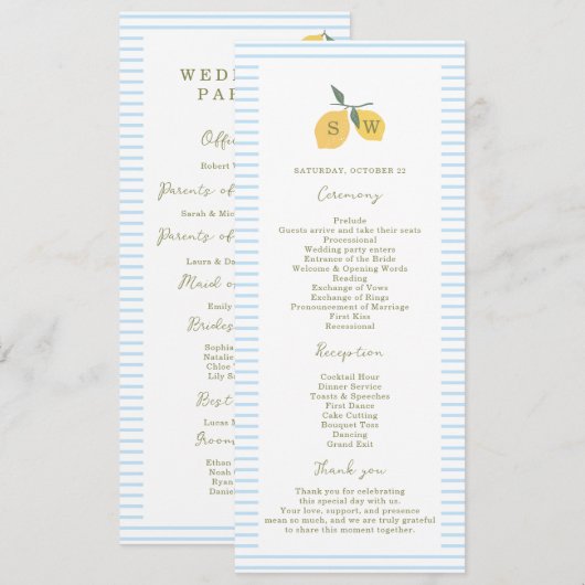 Coastal Blue Lemon Amalfi Wedding Program Card Einladung (Vorne/Hinten)