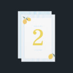 Coastal Blue Lemon Amalfi Wedding Table Number Einladung<br><div class="desc">Coastal Blue Lemon Amalfi wedding table number designed for a cheerful Italian summer wedding reception. This elegant design blends Mediterranean citrus aesthetics with coastal preppy style, perfect for modern brides planning a stylish destination or seaside celebration. Pair with lemon centerpieces, blue-and-white décor, and linen table runners for a bright Amalfi-inspired...</div>