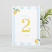 Coastal Blue Lemon Amalfi Wedding Table Number Einladung (Stehend Vorderseite)