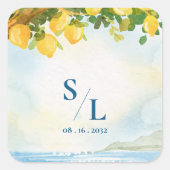 Coastal Blue & Lemon Watercolor Monogram Wedding Quadratischer Aufkleber (Vorderseite)