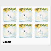 Coastal Blue & Lemon Watercolor Monogram Wedding Quadratischer Aufkleber (Blatt)