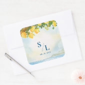 Coastal Blue & Lemon Watercolor Monogram Wedding Quadratischer Aufkleber (Umschlag)