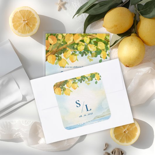 Coastal Blue & Lemon Watercolor Monogram Wedding Quadratischer Aufkleber