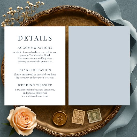 Coastal Blue Minimalist Elegant Wedding Details Einladung