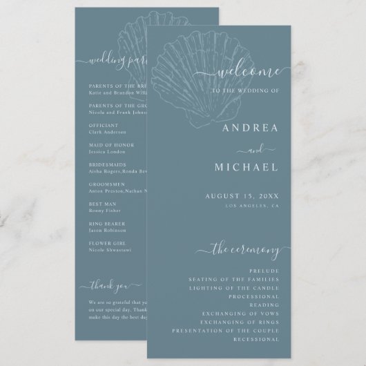 Coastal Blue Nautical Hand Drawn Seashell Wedding Programm (Vorne/Hinten)