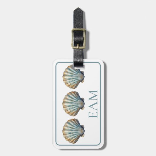 Coastal Blue Scallop Seashell Monogram Gepäckanhänger (Vorderseite vertikal)