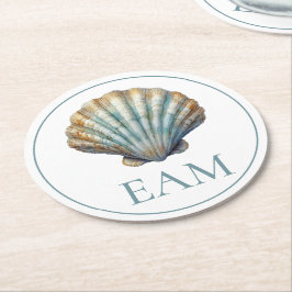 Coastal Blue Scallop Seashell Monogram Runder Pappuntersetzer