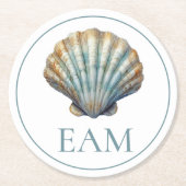 Coastal Blue Scallop Seashell Monogram Runder Pappuntersetzer (Vorderseite)
