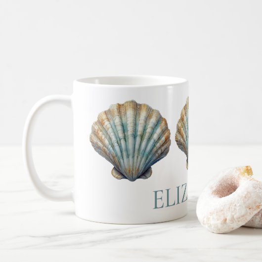 Coastal Blue Scallop Seashell Personalisiert Kaffeetasse (Mit Donut)