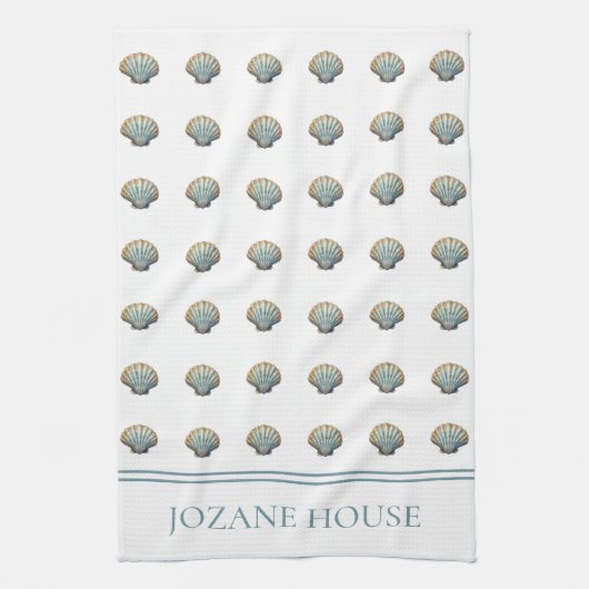 Coastal Blue Scallop Seashell Personalized Geschirrtuch (Vertikal)
