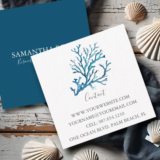 Coastal Blue Sea Coral Beach Business Card Quadratische Visitenkarte