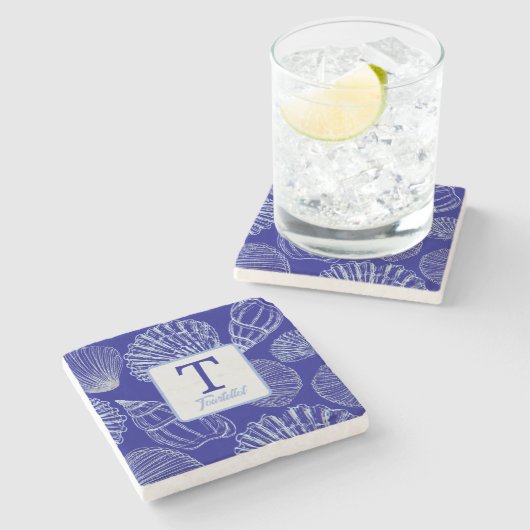 Coastal Blue Seashell Monogram Name Stone Coaster Steinuntersetzer (Seitenansicht)