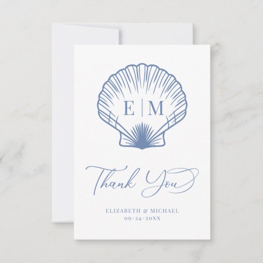 Coastal Blue Seashell Monogram Wedding Dankeskarte (Vorderseite)