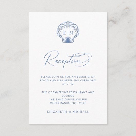 Coastal Blue Seashell Monogram Wedding Reception Begleitkarte (Vorderseite)