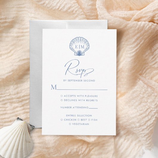 Coastal Blue Seashell Monogram Wedding RSVP Karte
