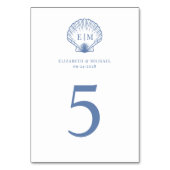 Coastal Blue Seashell Monogram Wedding Tischnummer (Rückseite)